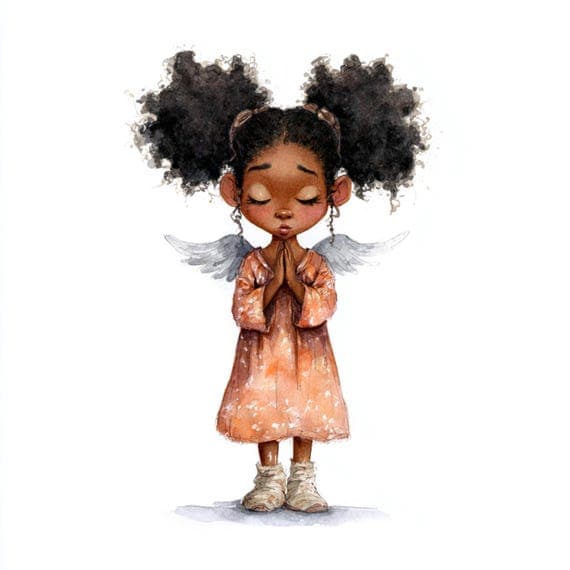 20 Whimsical Praying Afro Angel Girl PNG Clipart, Black Angel Illustra β view 7 β watercolor clipart transparent PNG instant download