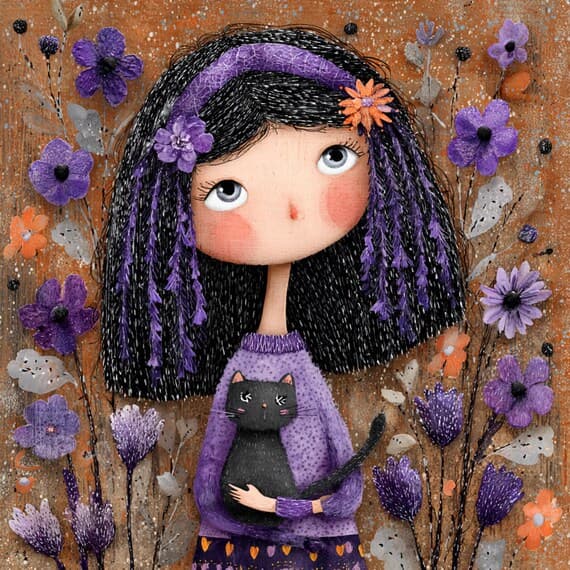 15 Purple Girl & Cat Clipart – Printable Whimsical Folk Art for Junk J — view 3 — watercolor clipart transparent PNG instant download