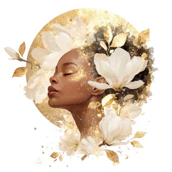 15 Golden Magnolia Woman Faces Clipart (PNG JPG) – Celestial Floral Go — view 8 — watercolor clipart transparent PNG instant download