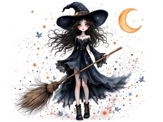 Whimsical Witch Clip Art β view 2 β watercolor clipart transparent PNG instant download