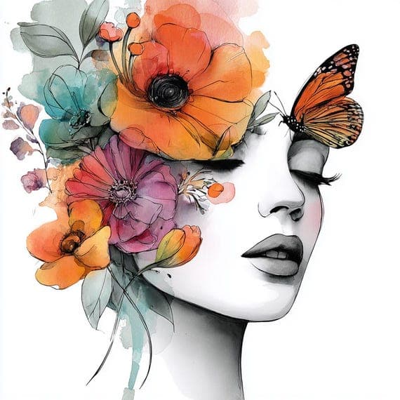17 Floral Woman Portrait β view 3 β watercolor clipart transparent PNG instant download