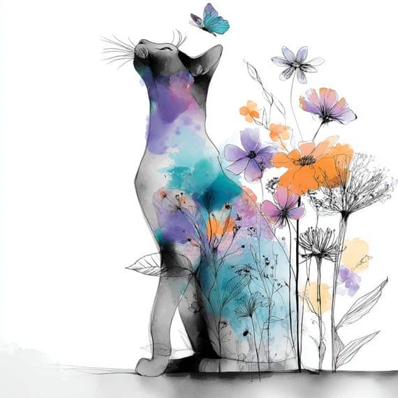 15 Floral Cat Silhouette Clipart (JPG) — watercolor clipart transparent PNG instant download