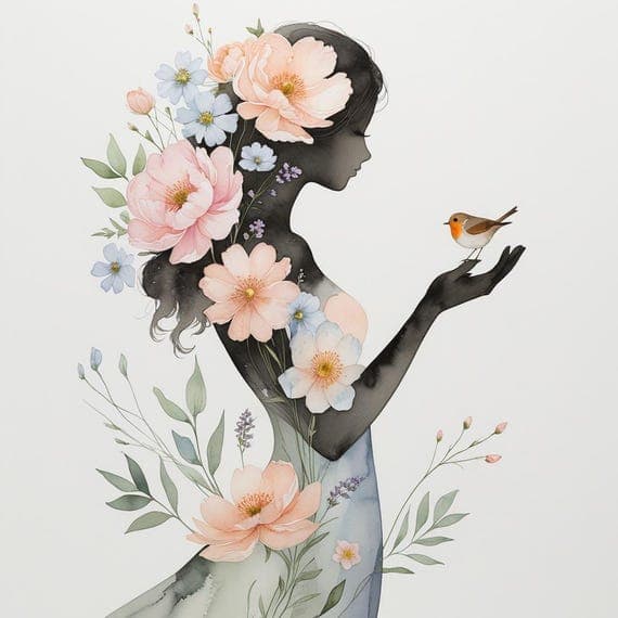 Floral Woman & Bird Watercolor Clipart β view 4 β watercolor clipart transparent PNG instant download