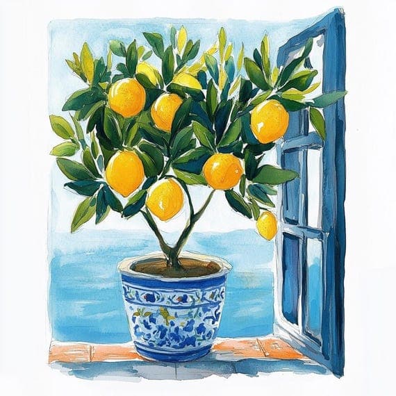 Lemon Tree Pot Clipart, Amalfi Coast, Mediterranean Tile Art (Digital β view 2 β watercolor clipart transparent PNG instant download