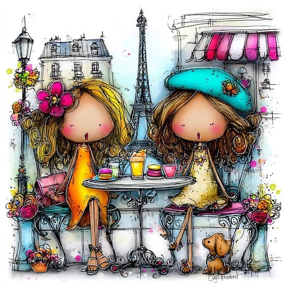 Paris Cafe Friends Watercolor Print, Eiffel Tower Art (Digital Downloa β view 6 β watercolor clipart transparent PNG instant download