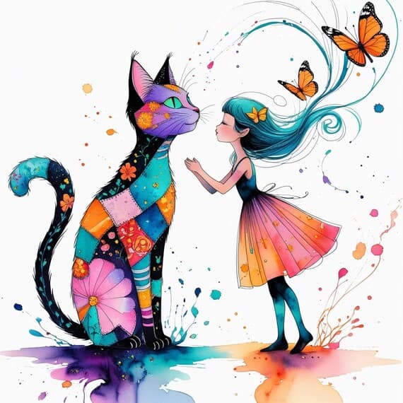 Watercolor Floral Cat & Girl Clipart β view 2 β watercolor clipart transparent PNG instant download