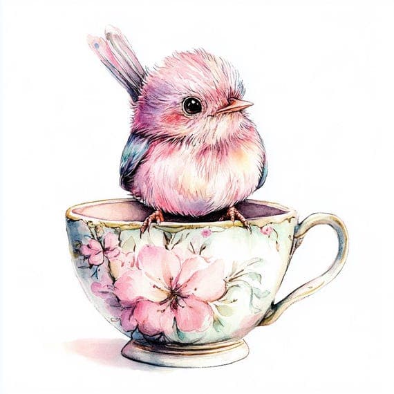 Bird in Teacup Watercolor Clipart, Whimsical Nursery Art (PNG Digital β watercolor clipart transparent PNG instant download
