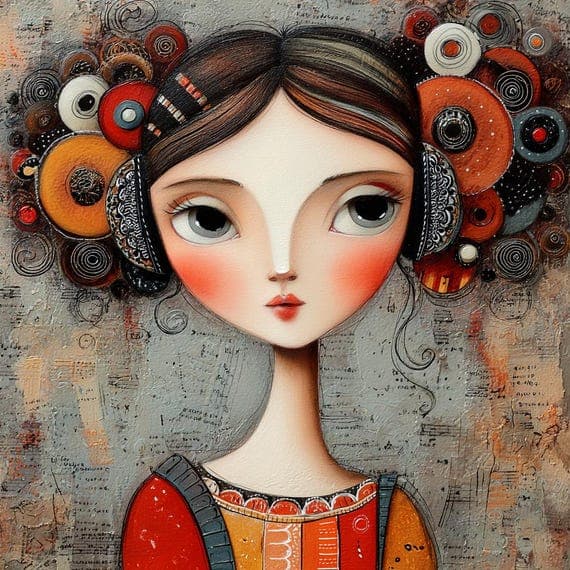 20 Folk Art Girl Clipart JPG – Whimsical Orange Red Art for Junk Journ — view 6 — watercolor clipart transparent PNG instant download