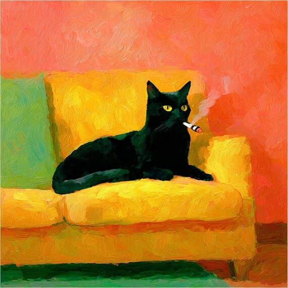Funny Black Cat Smoking Oil Painting Clipart, Quirky Pet Art (Digital β view 5 β watercolor clipart transparent PNG instant download