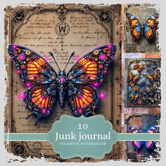 Vintage Steampunk Butterfly Junk Journal Pages β watercolor clipart transparent PNG instant download