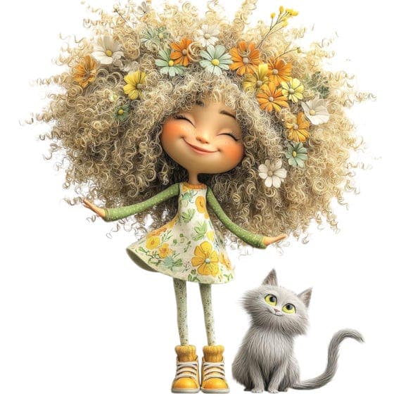 Whimsical Girl and Cat Clipart – Floral Hair Art (JPG) — view 5 — watercolor clipart transparent PNG instant download