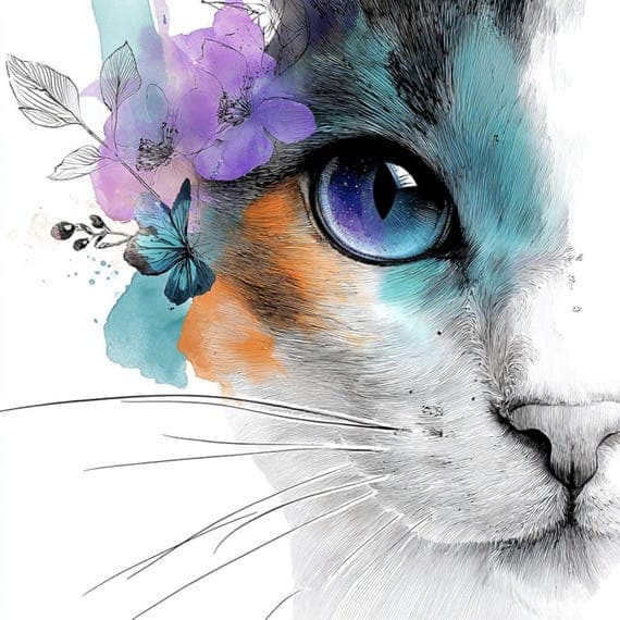 40 Abstract Cat Face Clipart — watercolor clipart transparent PNG instant download
