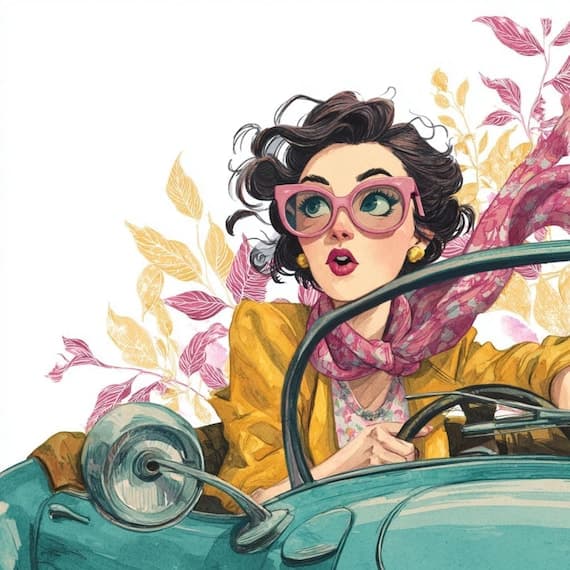 10 Retro Driving Woman Clipart (JPG) β view 4 β watercolor clipart transparent PNG instant download