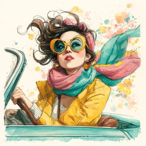 10 Retro Driving Woman Clipart (JPG) β view 7 β watercolor clipart transparent PNG instant download