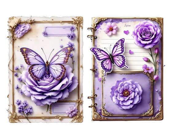 Purple Ephemera Kit, Vintage Junk Journal Pages (Digital Download) β view 3 β watercolor clipart transparent PNG instant download