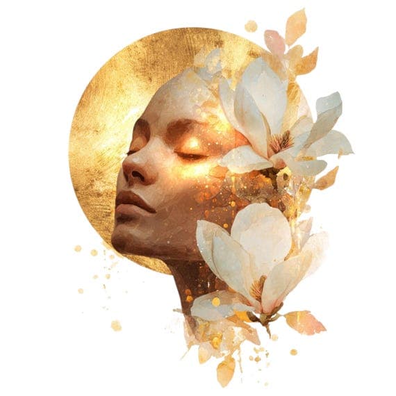 15 Golden Magnolia Woman Faces Clipart (PNG JPG) – Celestial Floral Go — view 3 — watercolor clipart transparent PNG instant download