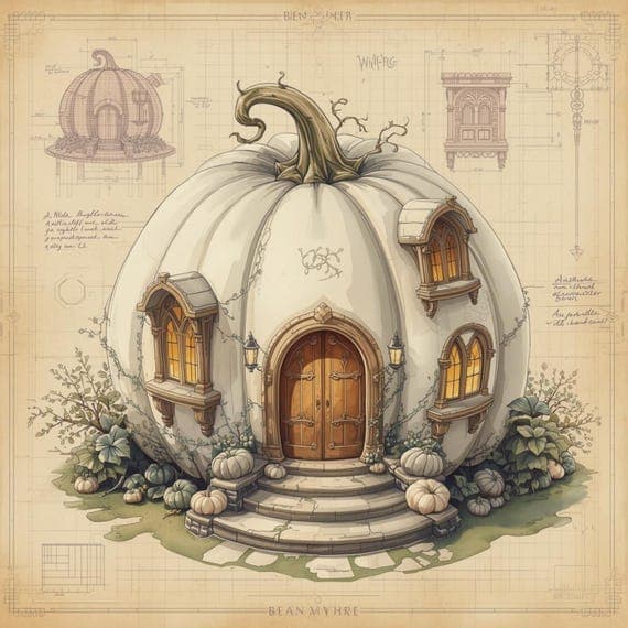 Retro Pumpkin House Blueprint Art , Printable Halloween Wall Decor , F β view 6 β watercolor clipart transparent PNG instant download