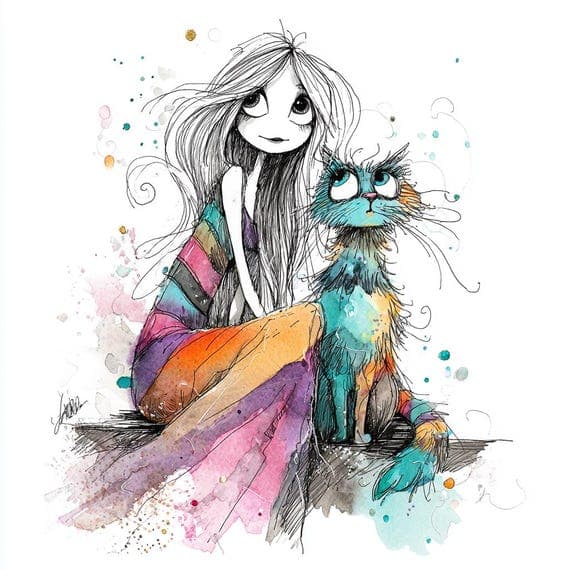 Girl and Cat Watercolor Clipart β view 6 β watercolor clipart transparent PNG instant download
