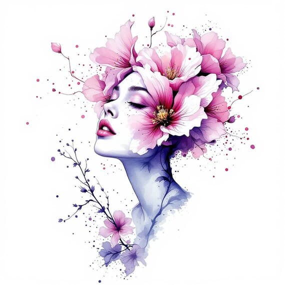 Floral Woman Face Watercolor Clipart – Violet PNG Images (Digital Down — view 5 — watercolor clipart transparent PNG instant download