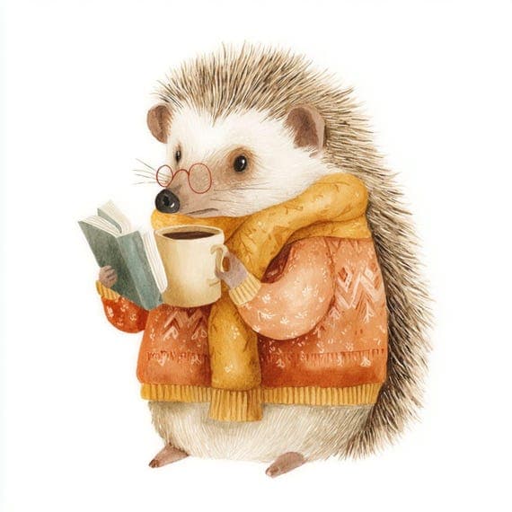 Cozy Animal Watercolor Clipart – Coffee, Reading (Digital Download) — view 4 — watercolor clipart transparent PNG instant download