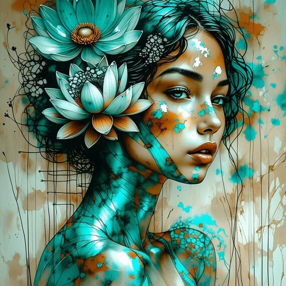 Teal Lotus Woman Watercolor Art β view 4 β watercolor clipart transparent PNG instant download
