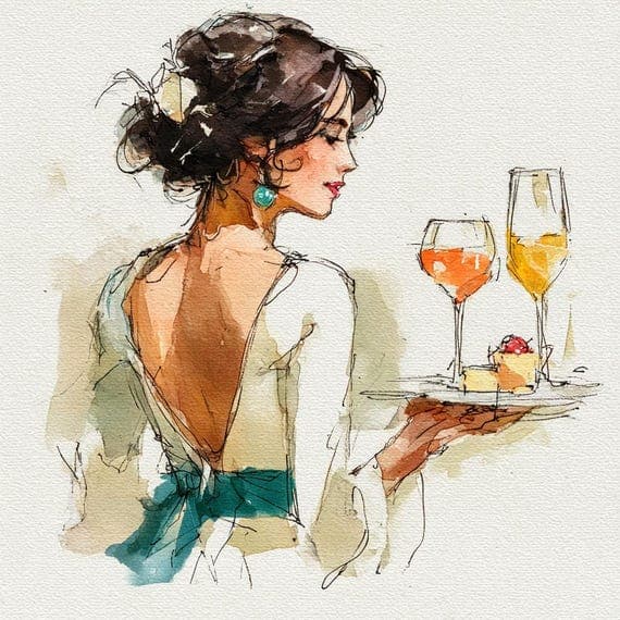 15 Watercolor Fashion Illustrations, Elegant Women with Wine and Cake, — view 2 — watercolor clipart transparent PNG instant download