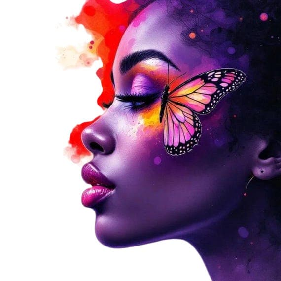 Afro Girl Butterfly PNG, African American Floral Art, Sublimation Clip β view 8 β watercolor clipart transparent PNG instant download
