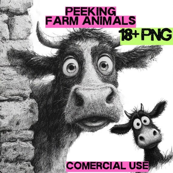 18 Peeking Farm Animals Clipart PNG – Cow Sheep Pig Faces for Nursery — watercolor clipart transparent PNG instant download