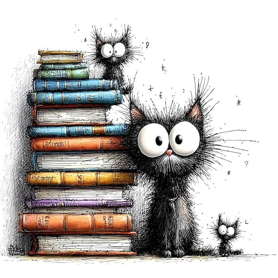 23 Fluffy Black Cat Clipart JPG β Funny Book Lover Cats for Junk Journ β watercolor clipart transparent PNG instant download
