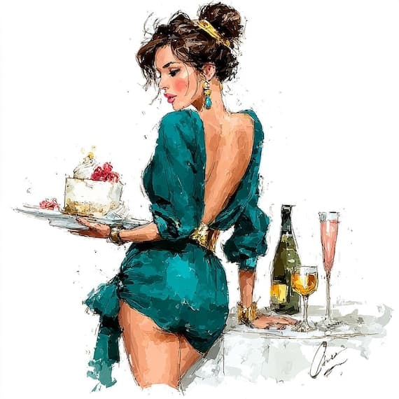 15 Fashion Illustration Set, Elegant Women with Cake and Wine Art, Wat — watercolor clipart transparent PNG instant download