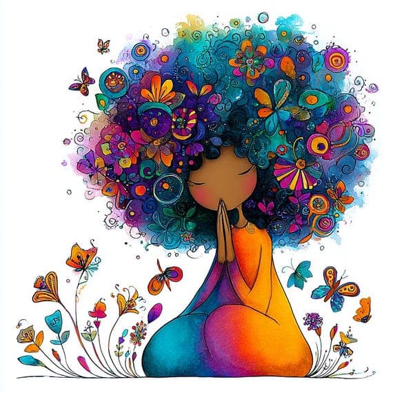 15 Colorful Praying Afro Woman Clipart, whimsical Art for Crafts β view 3 β watercolor clipart transparent PNG instant download