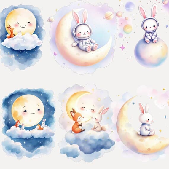 Watercolor Animal Moon Clipart β view 3 β watercolor clipart transparent PNG instant download