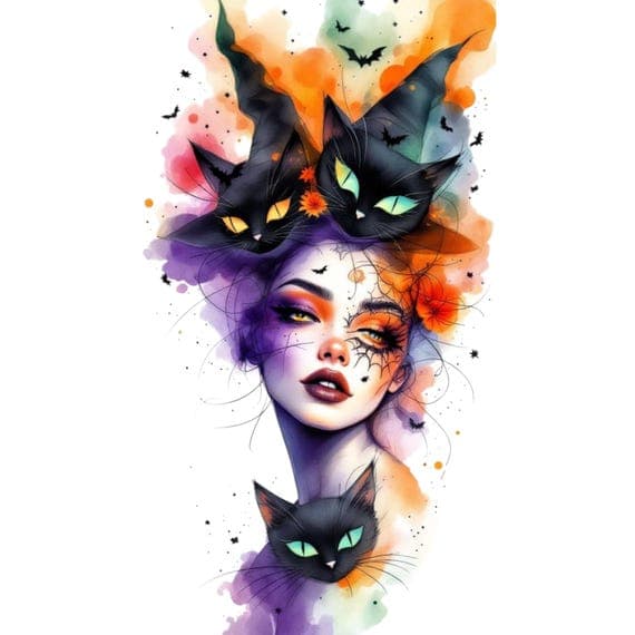 Halloween Witch Clipart – Glam Gothic Woman Portraits (JPG) — view 4 — watercolor clipart transparent PNG instant download