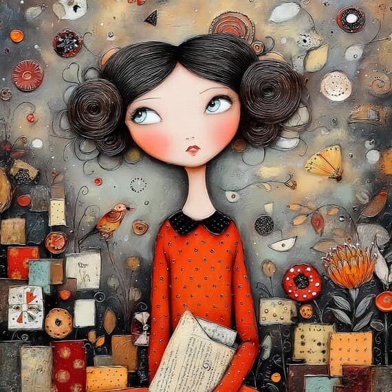 20 Folk Art Girl Clipart JPG – Whimsical Orange Red Art for Junk Journ — view 4 — watercolor clipart transparent PNG instant download