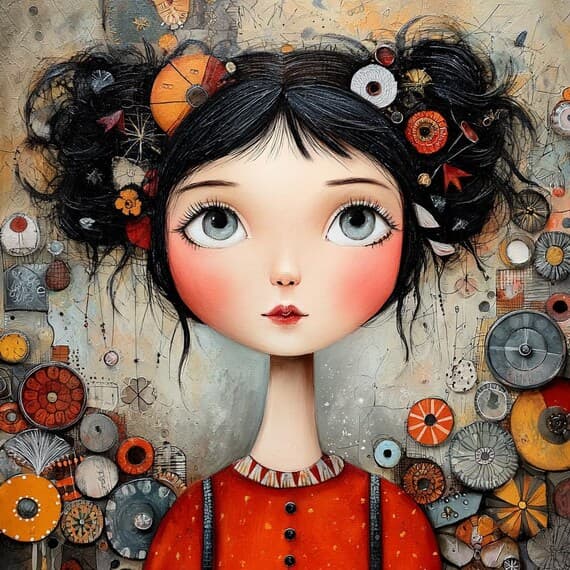 20 Folk Art Girl Clipart JPG – Whimsical Orange Red Art for Junk Journ — view 7 — watercolor clipart transparent PNG instant download