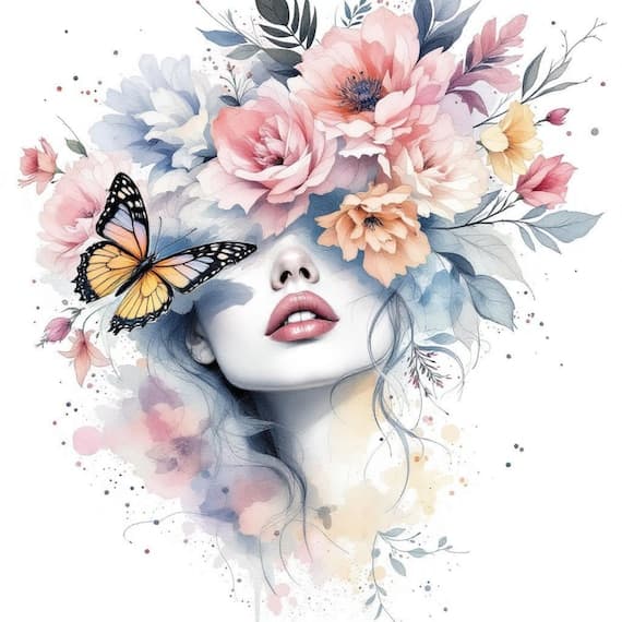 12 Whimsical Floral Butterfly Woman Face Clipart β view 4 β watercolor clipart transparent PNG instant download