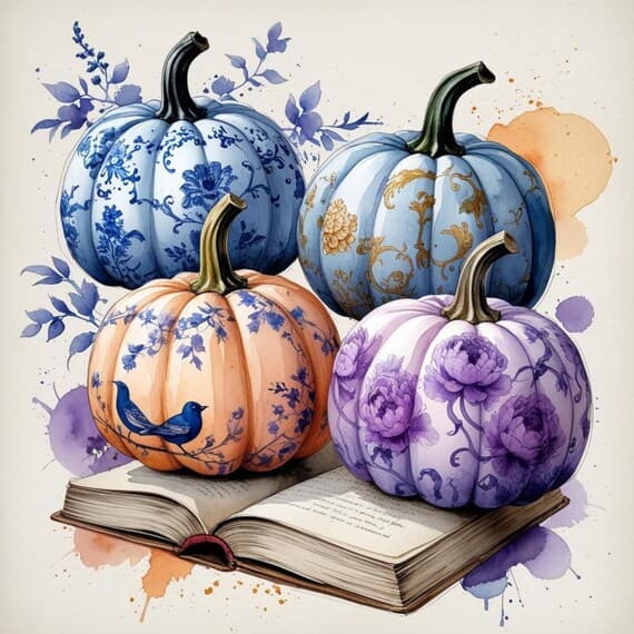 Autumn Pumpkin Chinoiserie Clipart β view 2 β watercolor clipart transparent PNG instant download