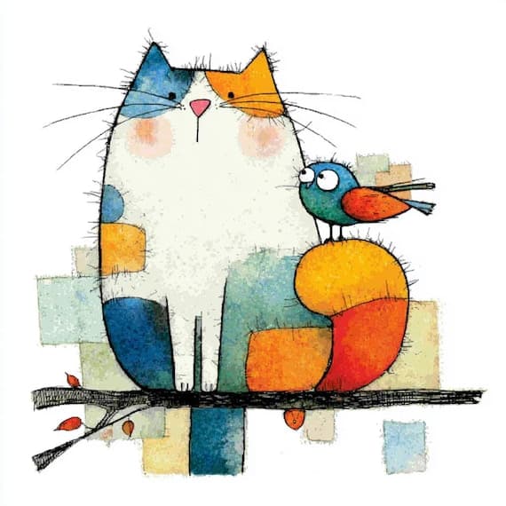 15 Abstract Cat Bird Clipart, Watercolor Spring Animals Printable, Dig — watercolor clipart transparent PNG instant download