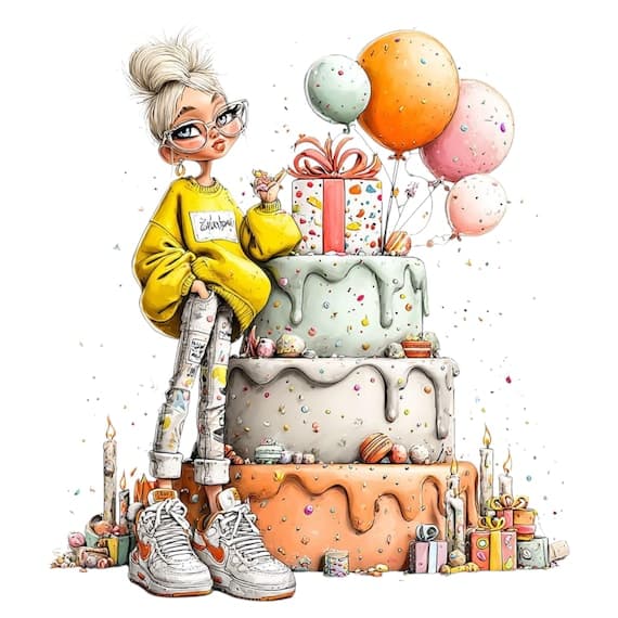 20 Playful Birthday Girl Clipart Bundle – Fun Cake & Balloon Illustrat — watercolor clipart transparent PNG instant download