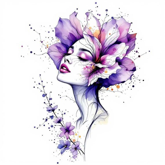 Floral Woman Face Watercolor Clipart – Violet PNG Images (Digital Down — view 4 — watercolor clipart transparent PNG instant download