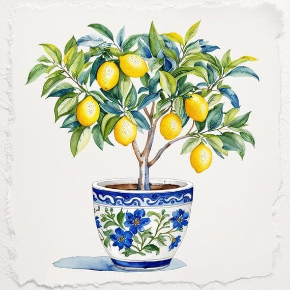 Lemon Tree Pot Clipart, Amalfi Coast, Mediterranean Tile Art (Digital β watercolor clipart transparent PNG instant download