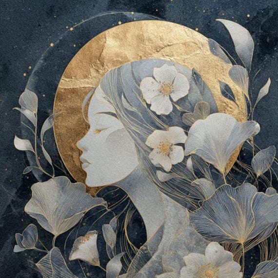 Celestial Woman Clipart – Blue & Gold Floral Faces (JPG) — view 4 — watercolor clipart transparent PNG instant download