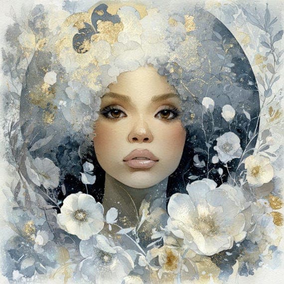 Celestial Woman Clipart – Blue & Gold Floral Faces (JPG) — view 7 — watercolor clipart transparent PNG instant download