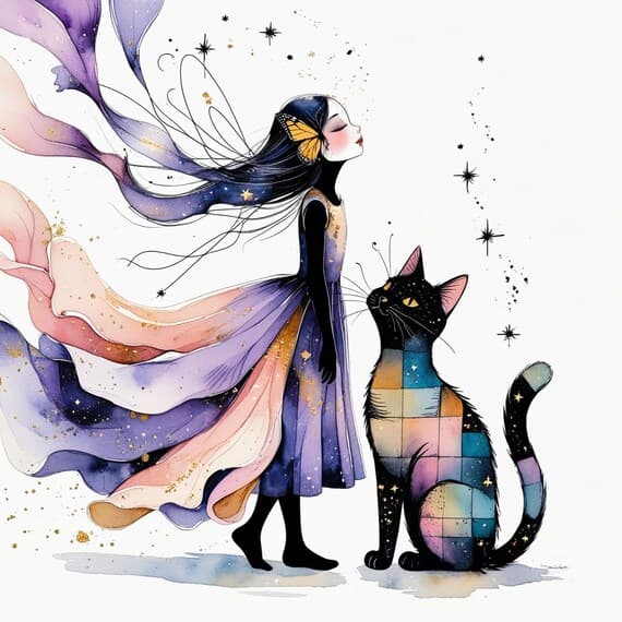 Watercolor Girl and Patchwork Cat Clipart β view 4 β watercolor clipart transparent PNG instant download