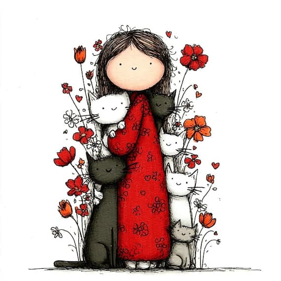 30 Whimsical Girl and Cat Clipart β watercolor clipart transparent PNG instant download