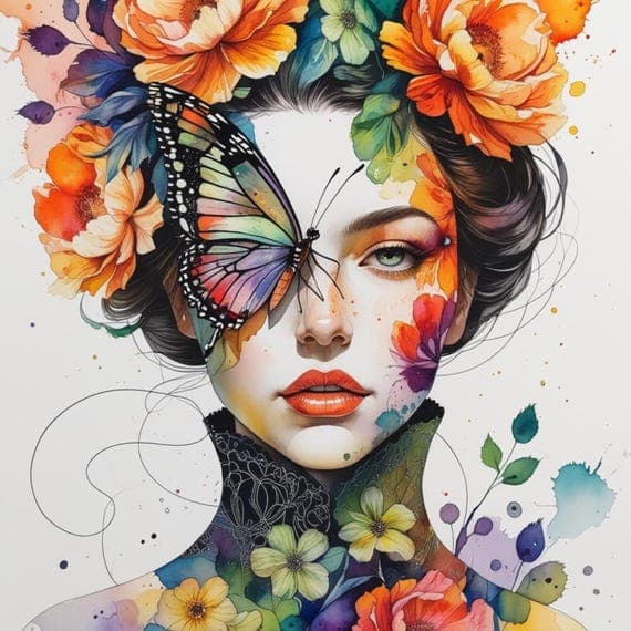 Watercolor Butterfly Woman Clipart – Floral Portrait Illustrations — view 4 — watercolor clipart transparent PNG instant download