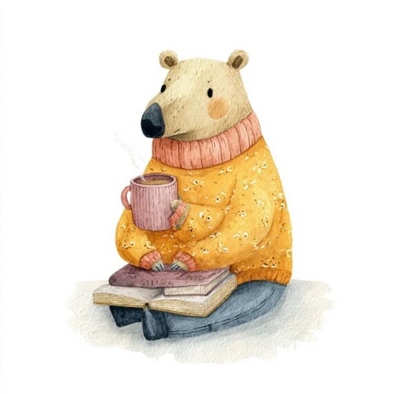 Cozy Animal Watercolor Clipart – Coffee, Reading (Digital Download) — view 6 — watercolor clipart transparent PNG instant download