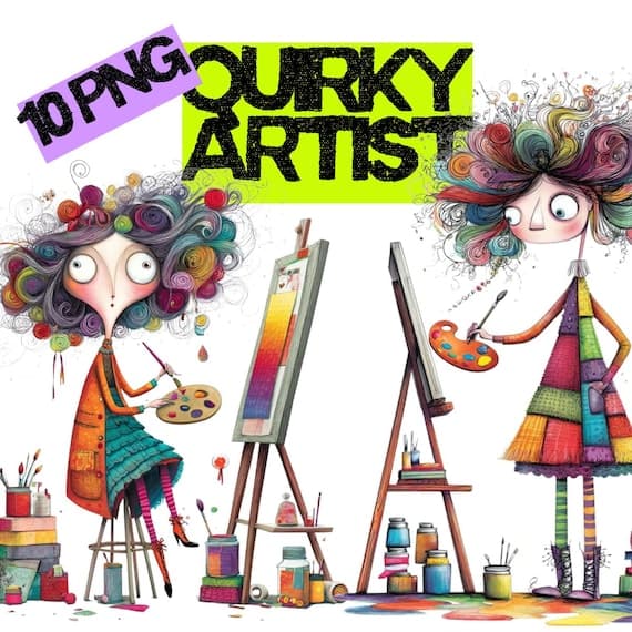 Quirky Artist Girl Clipart PNG, Colorful Painter Graphics for Crafts β watercolor clipart transparent PNG instant download
