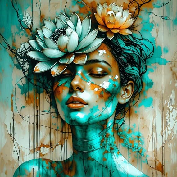 Teal Lotus Woman Watercolor Art β view 3 β watercolor clipart transparent PNG instant download