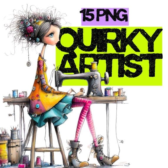 Quirky Seamstress Girl Clipart, Sewing Machine PNG for Crafting — watercolor clipart transparent PNG instant download